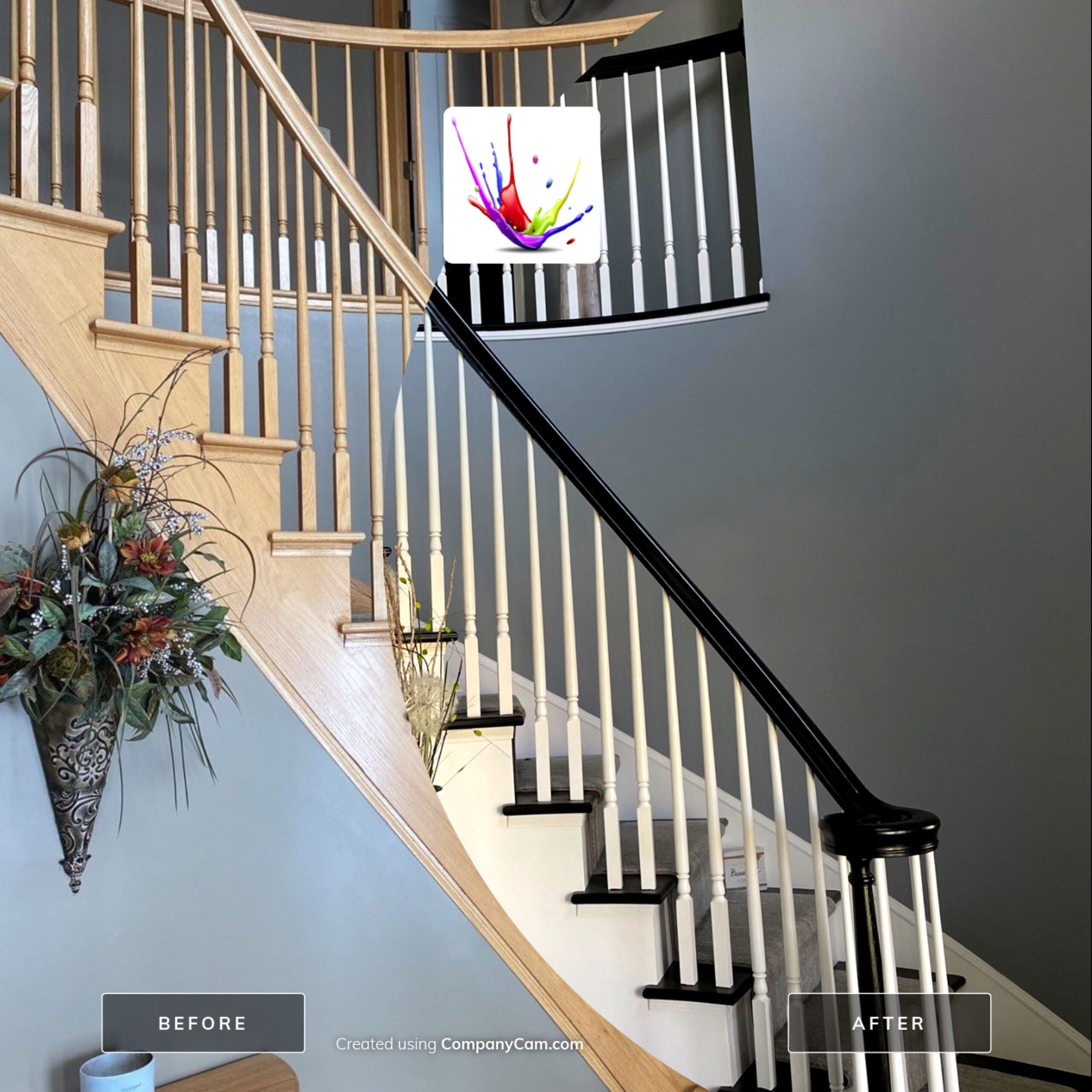 Honey oak staircase to black and white